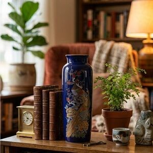 Vintage 11” Kutani Japanese Cobalt Blue Peacock Vase - Gold Gilt Floral Design